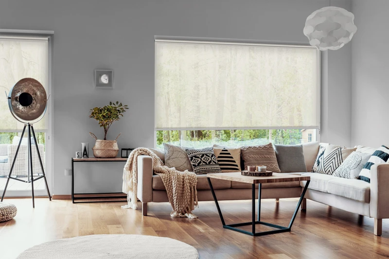 View outside to the green woods through large glass windows in a