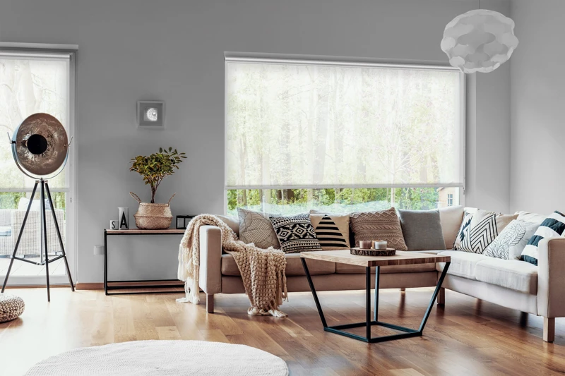 View outside to the green woods through large glass windows in a