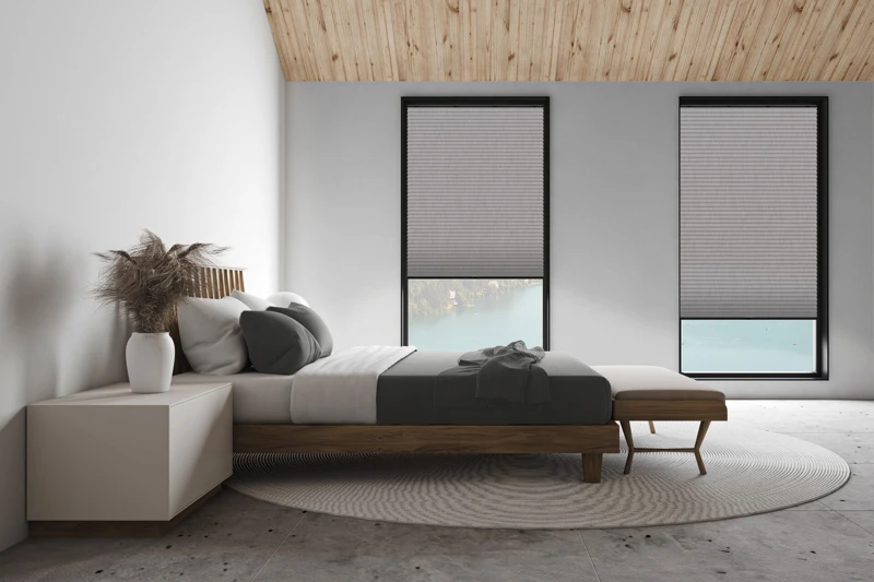 White attic master bedroom, side view